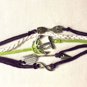 Anchor Owl Arrow Braided Leather Wrap Charm Bracelet Purple Green